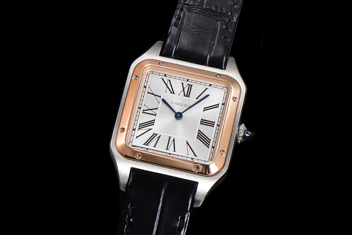 Santos-Dumont (Large) Silver Dial in Steel/Rose Gold on Black Leather Strap Ref. W2SA0011