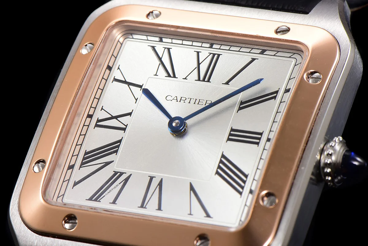 Santos-Dumont (Large) Silver Dial in Steel/Rose Gold on Black Leather Strap Ref. W2SA0011