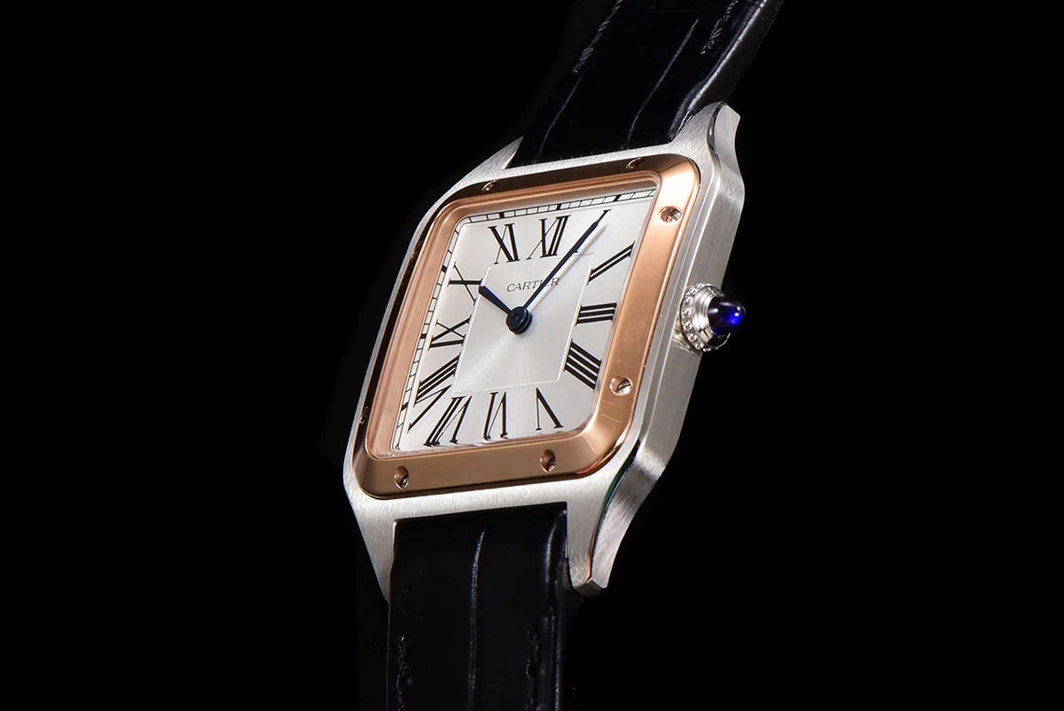 Santos-Dumont (Large) Silver Dial in Steel/Rose Gold on Black Leather Strap Ref. W2SA0011