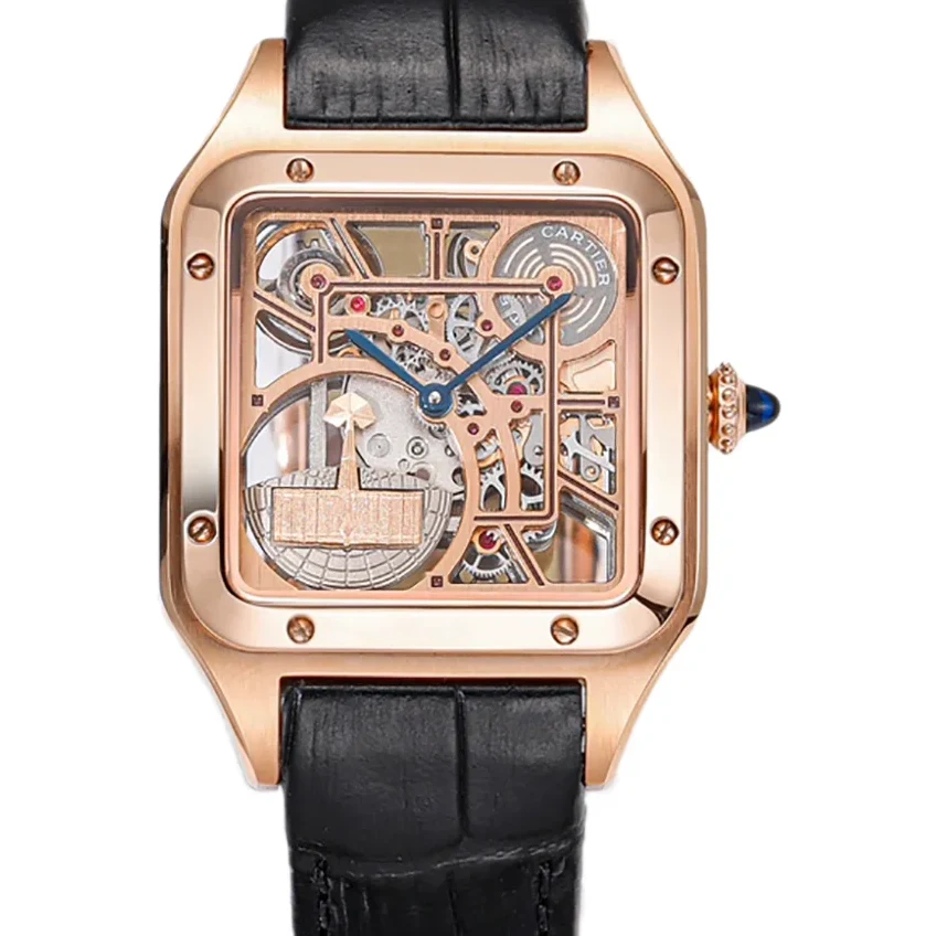 Santos-Dumont (Large) Skeleton Watch in Rose Gold on Black Leather Strap