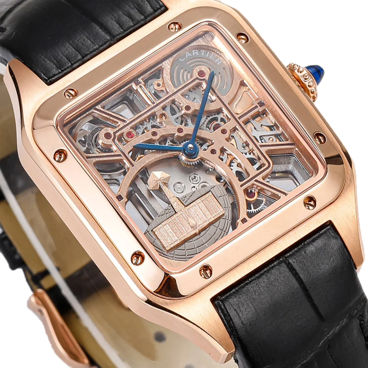Santos-Dumont (Large) Skeleton Watch in Rose Gold on Black Leather Strap