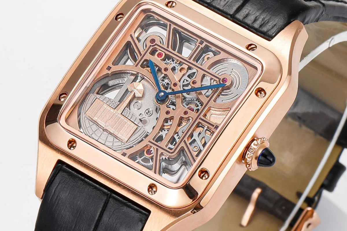 Santos-Dumont (Large) Skeleton Watch in Rose Gold on Black Leather Strap