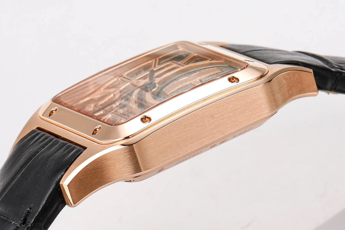 Santos-Dumont (Large) Skeleton Watch in Rose Gold on Black Leather Strap
