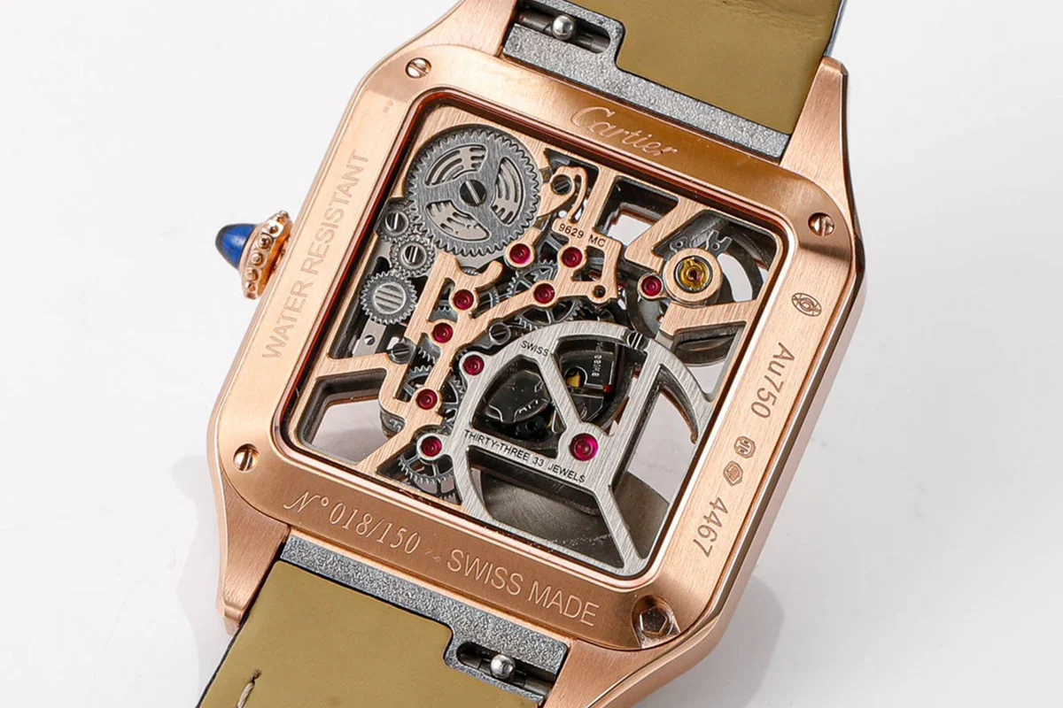 Santos-Dumont (Large) Skeleton Watch in Rose Gold on Black Leather Strap