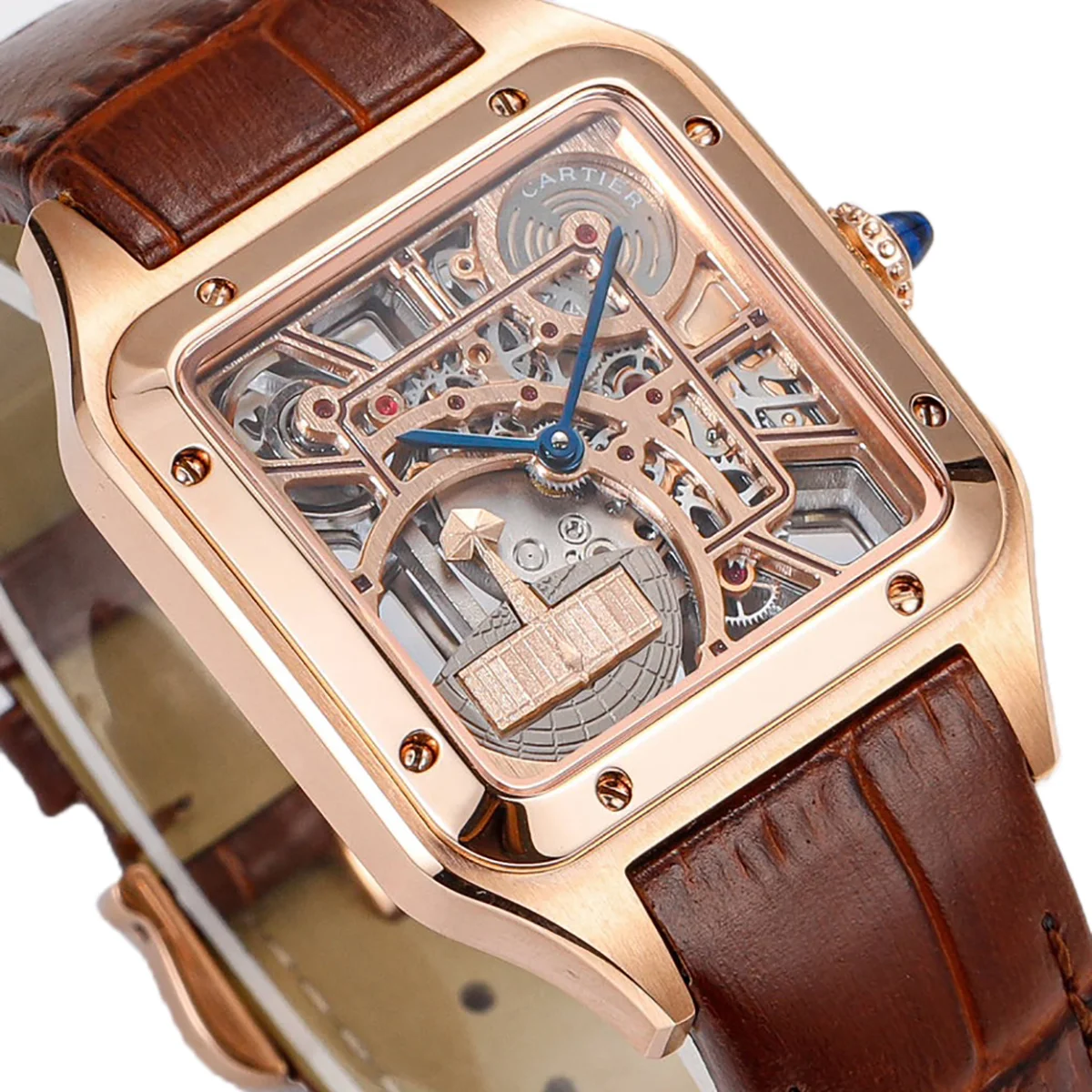 Santos-Dumont (Large) Skeleton Watch in Rose Gold on Brown Leather Strap