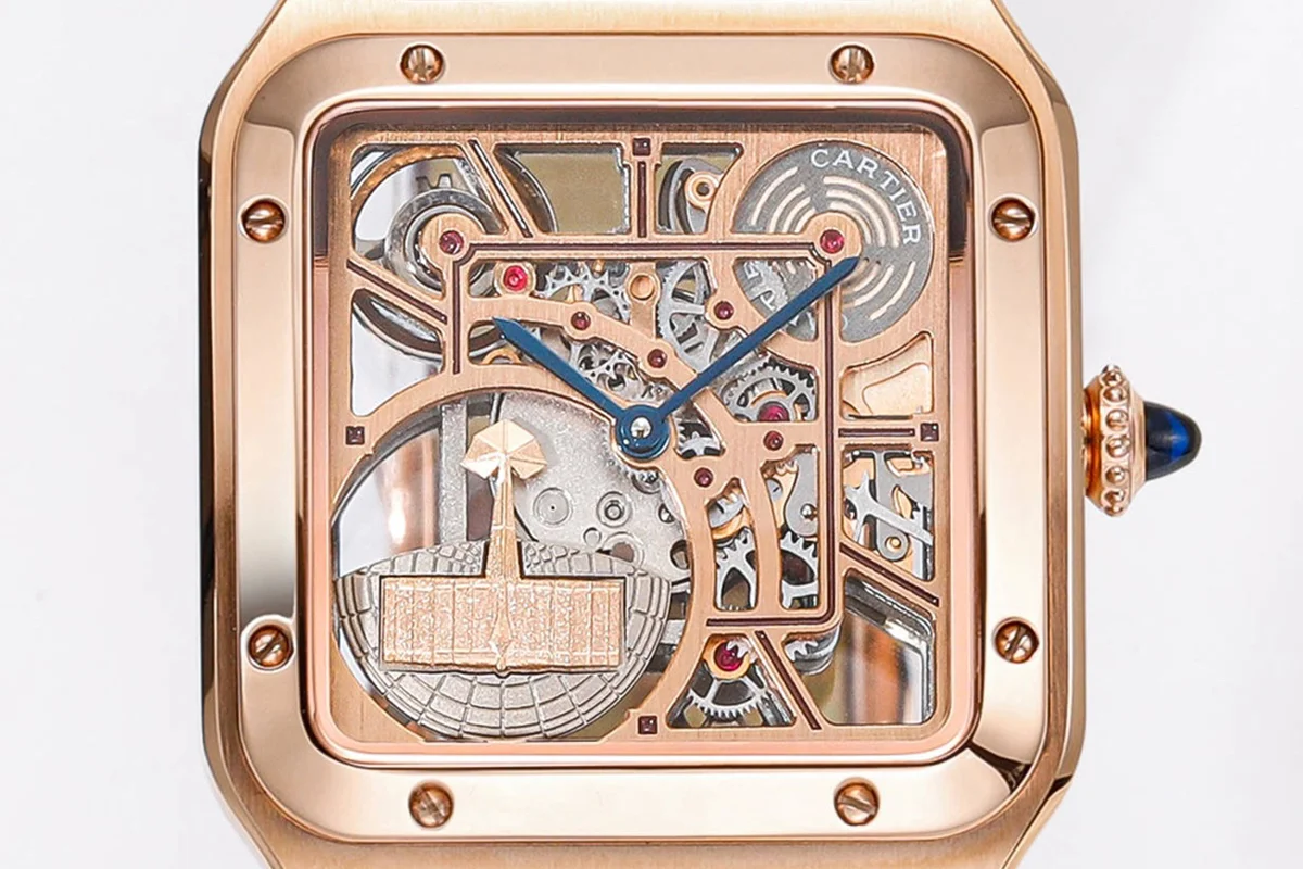 Santos-Dumont (Large) Skeleton Watch in Rose Gold on Brown Leather Strap