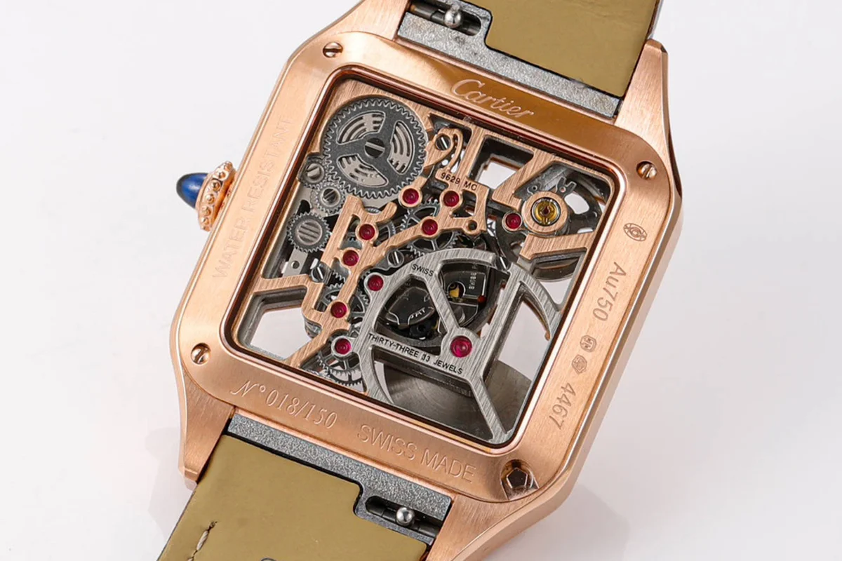 Santos-Dumont (Large) Skeleton Watch in Rose Gold on Brown Leather Strap