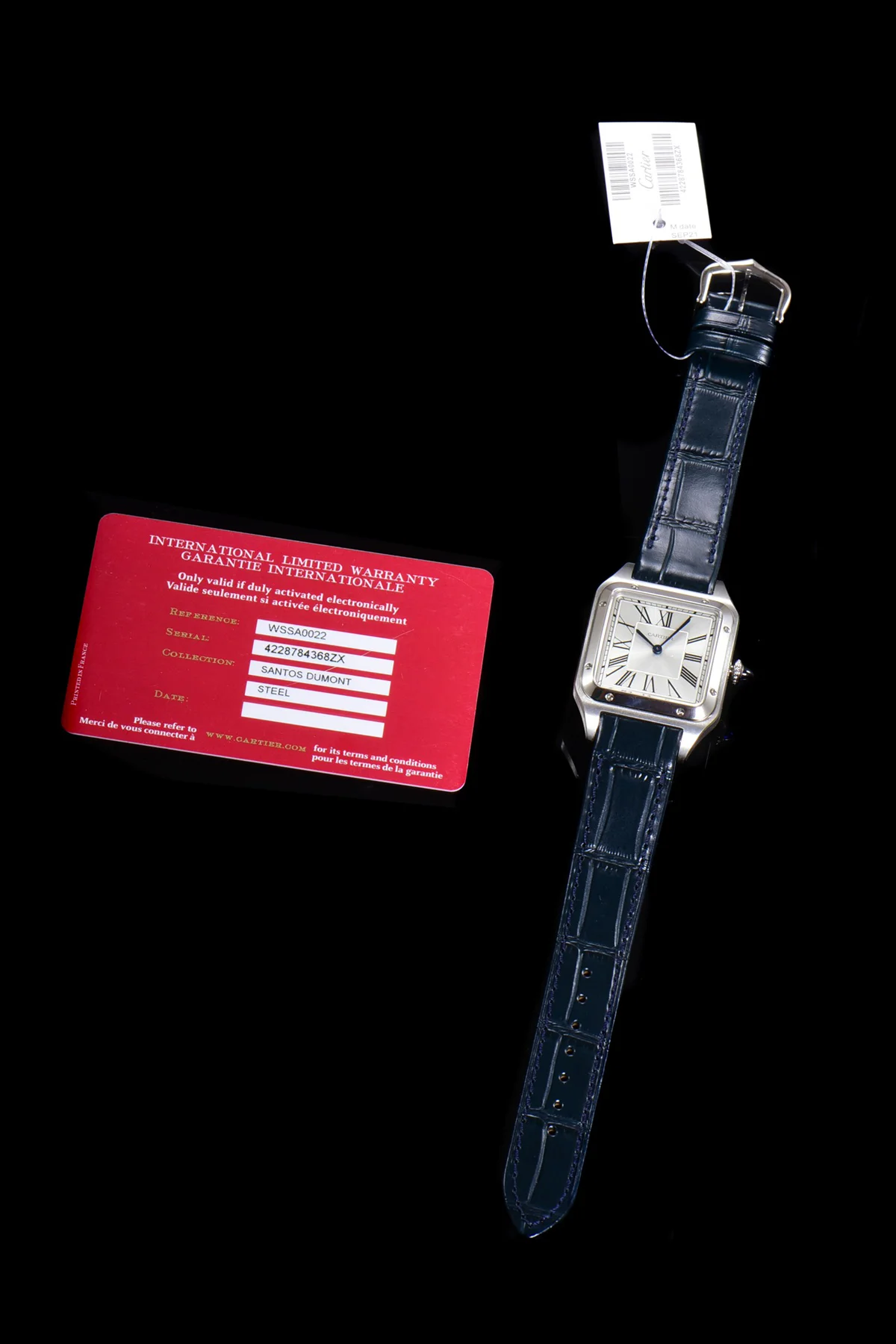 Santos-Dumont (Small) Silver Dial in Steel on Blue Leather Strap Ref. WSSA0023