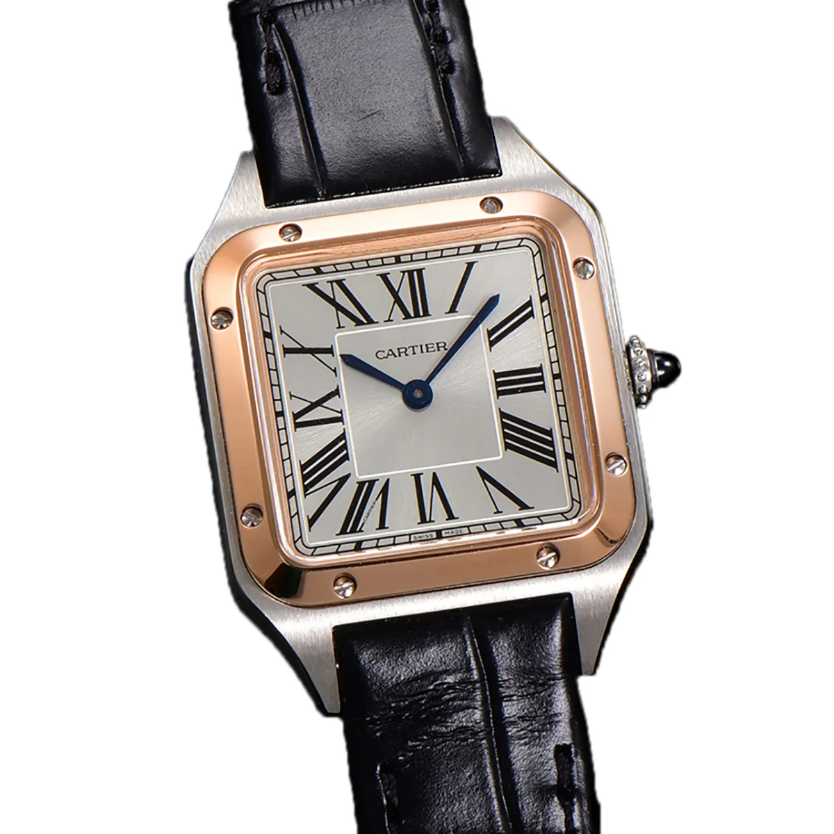 Santos-Dumont (Small) Silver Dial in Steel/Rose Gold on Black Leather Strap Ref. W2SA0012