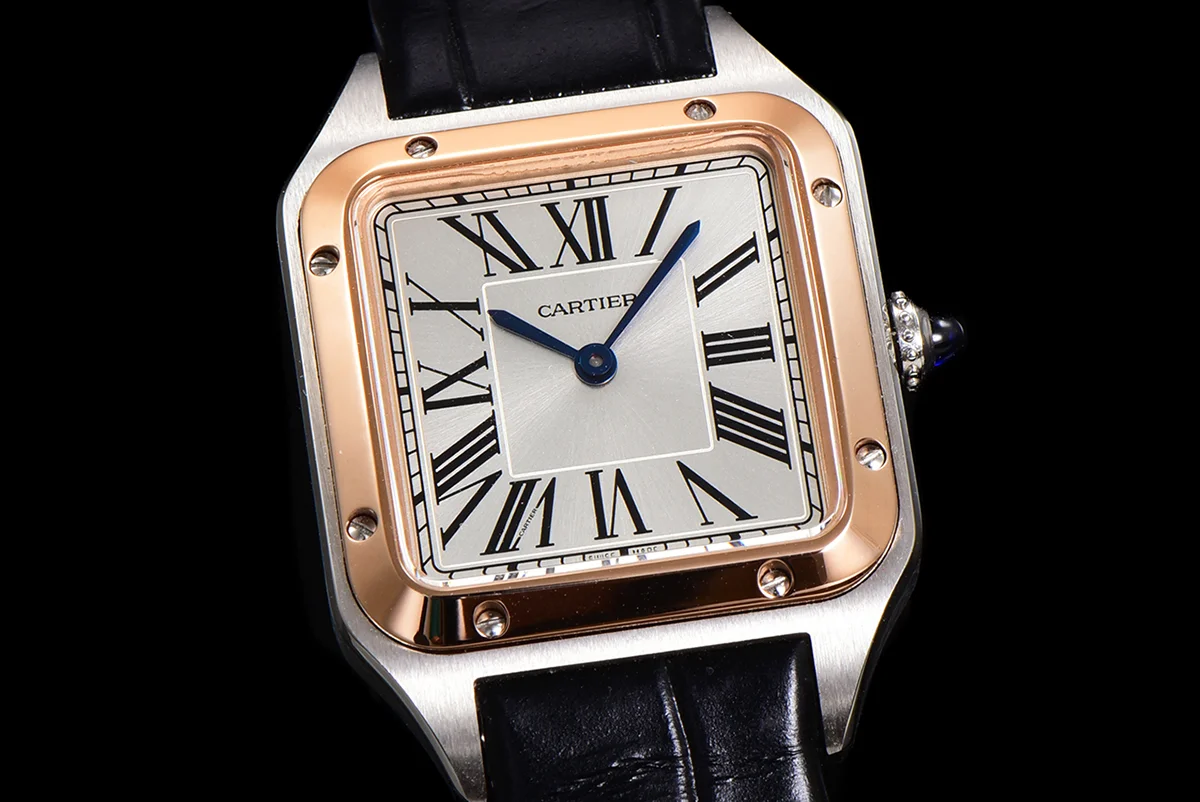 Santos-Dumont (Small) Silver Dial in Steel/Rose Gold on Black Leather Strap Ref. W2SA0012