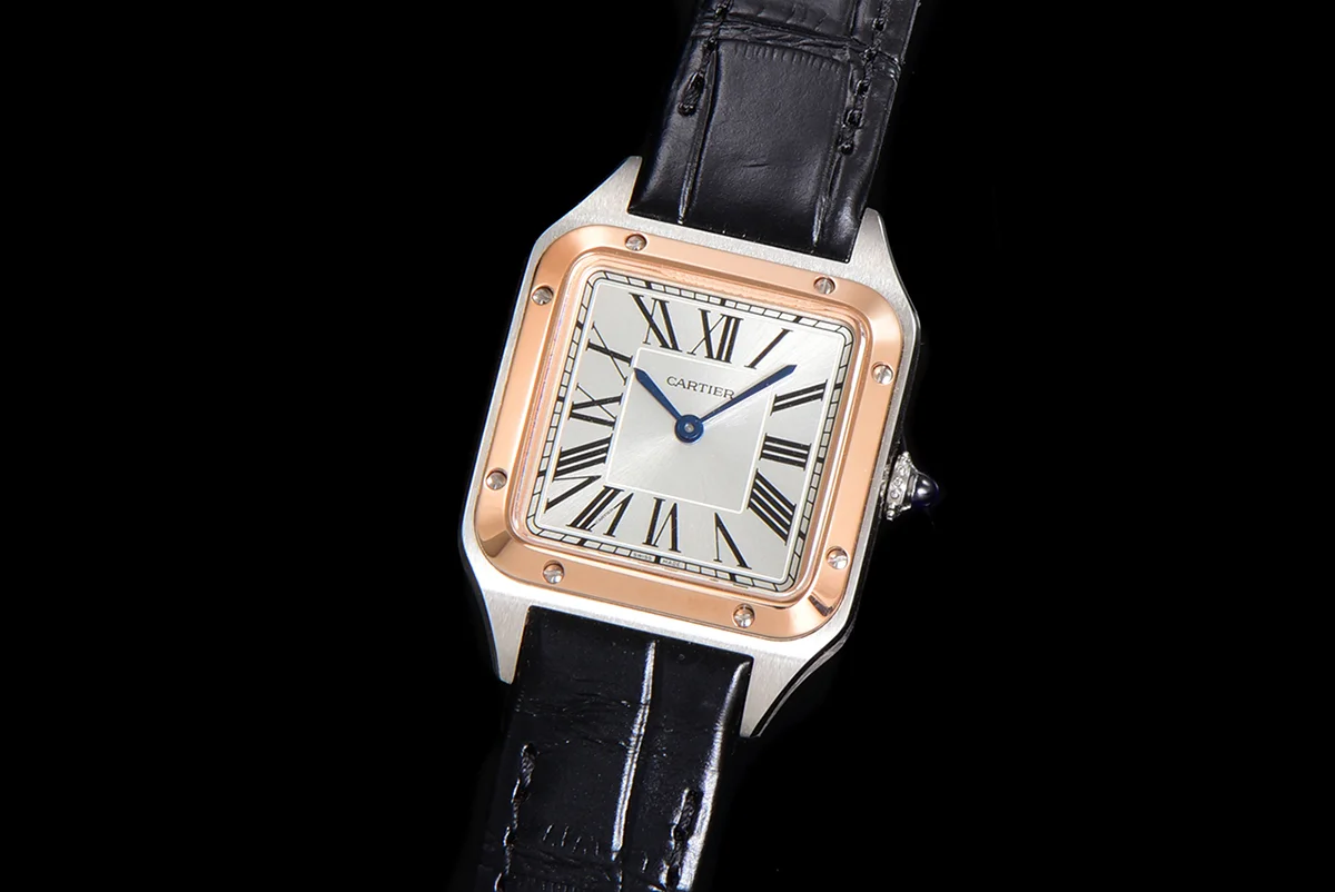 Santos-Dumont (Small) Silver Dial in Steel/Rose Gold on Black Leather Strap Ref. W2SA0012