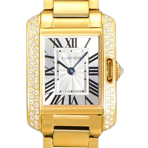 Tank Anglaise 30.2mm White Dial with Diamond Bezel in Yellow Gold