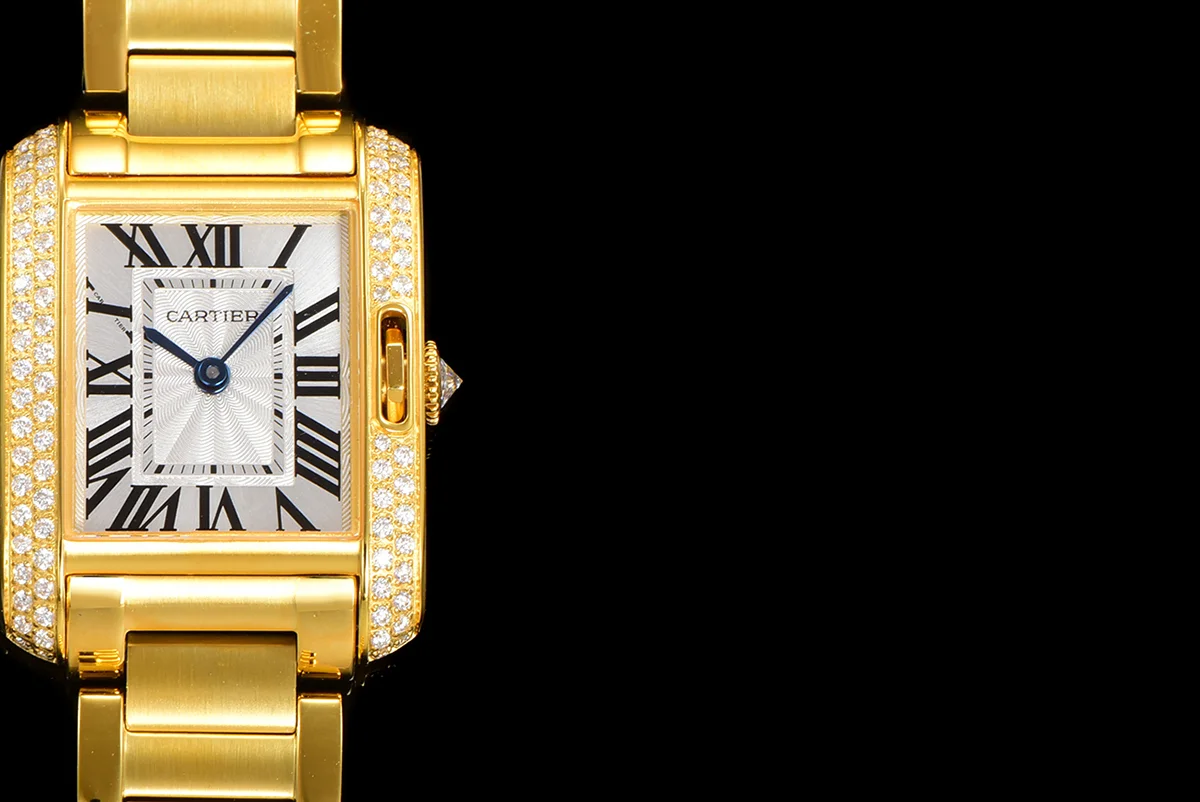 Tank Anglaise 30.2mm White Dial with Diamond Bezel in Yellow Gold