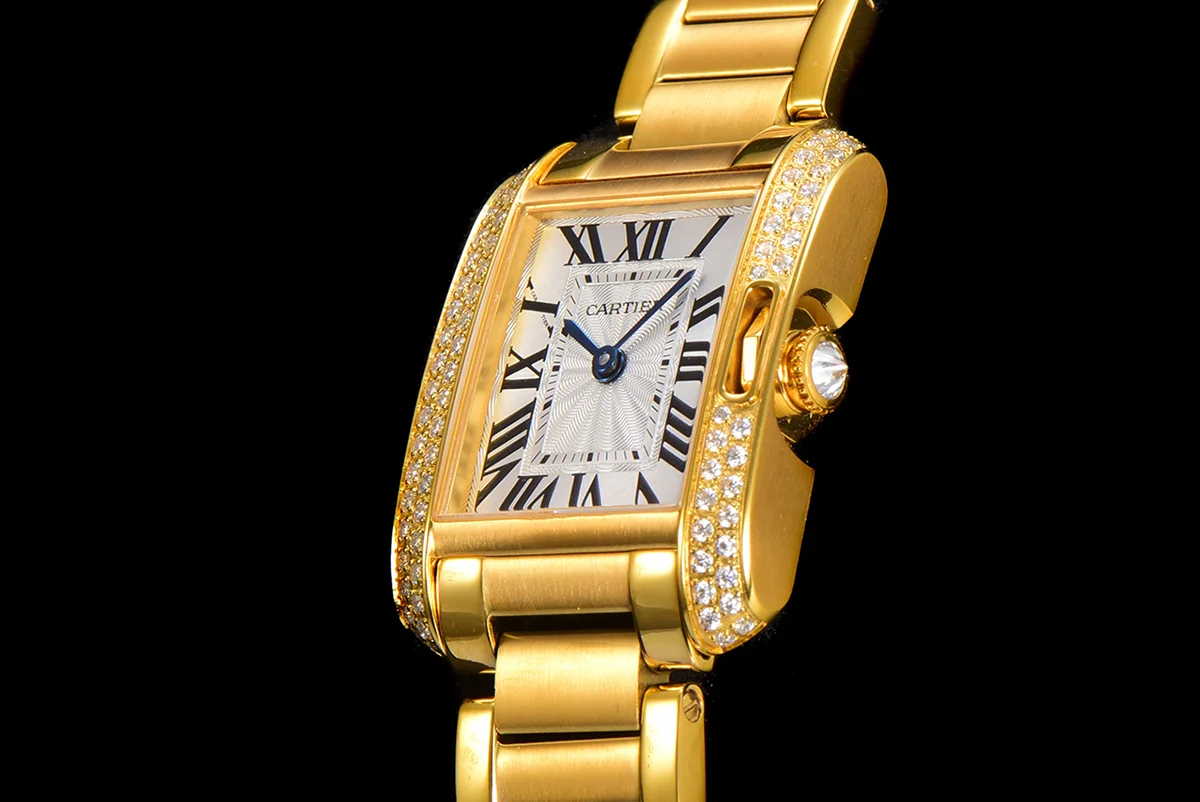 Tank Anglaise 30.2mm White Dial with Diamond Bezel in Yellow Gold