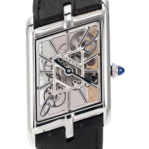 Tank Asymetrique Watch on Steel in Black Leather Strap