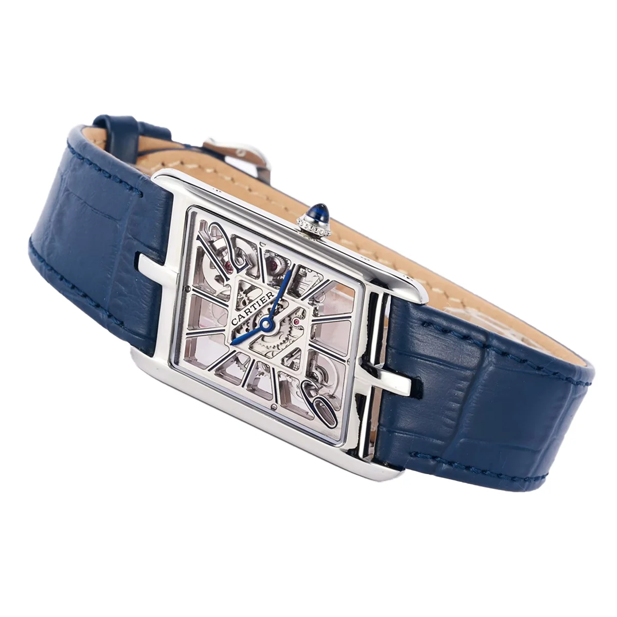 Tank Asymetrique Watch on Steel in Blue Leather Strap