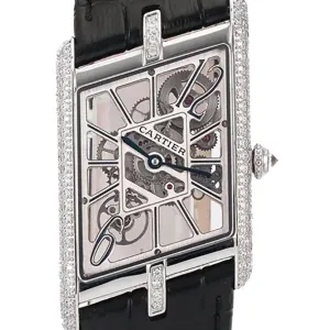 Tank Asymetrique Watch with Diamond Bezel on Steel in Black Leather Strap