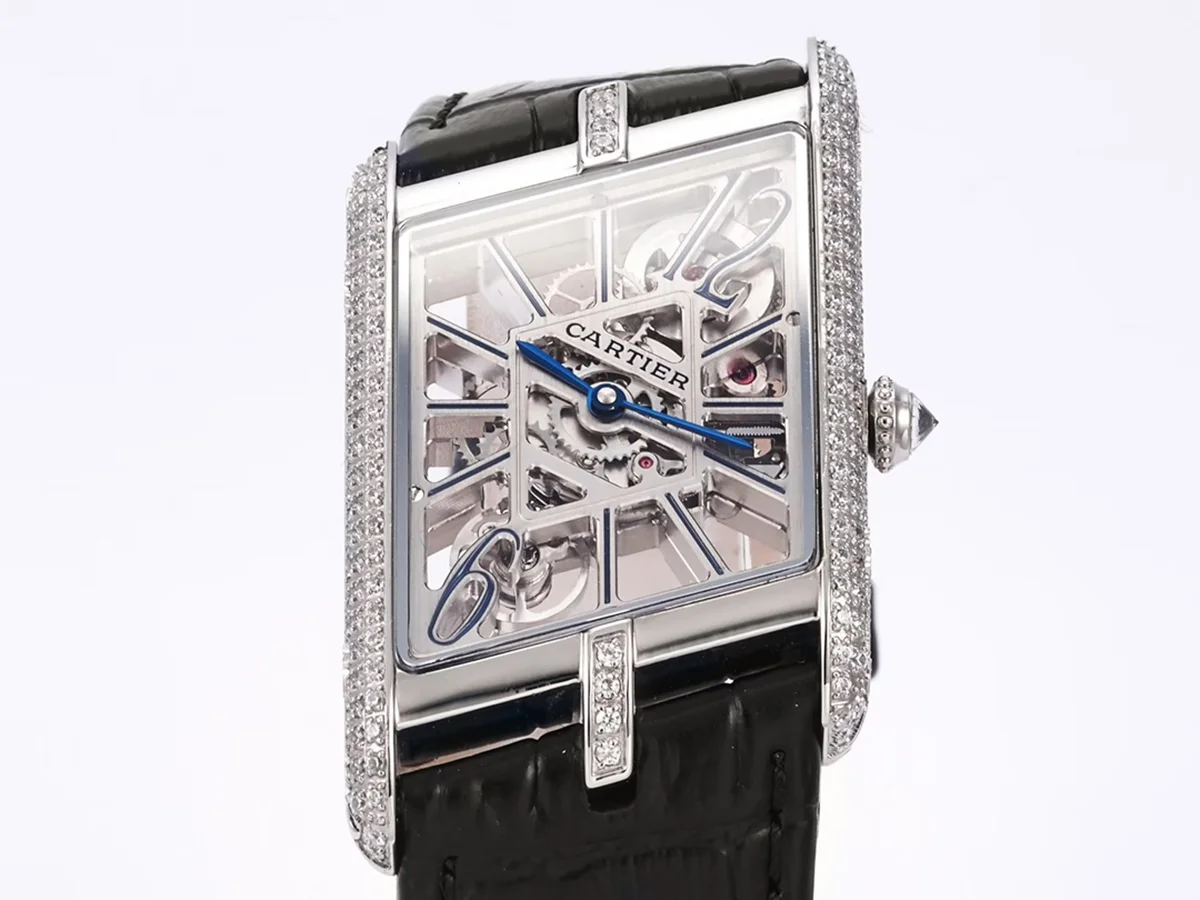 Tank Asymetrique Watch with Diamond Bezel on Steel in Black Leather Strap