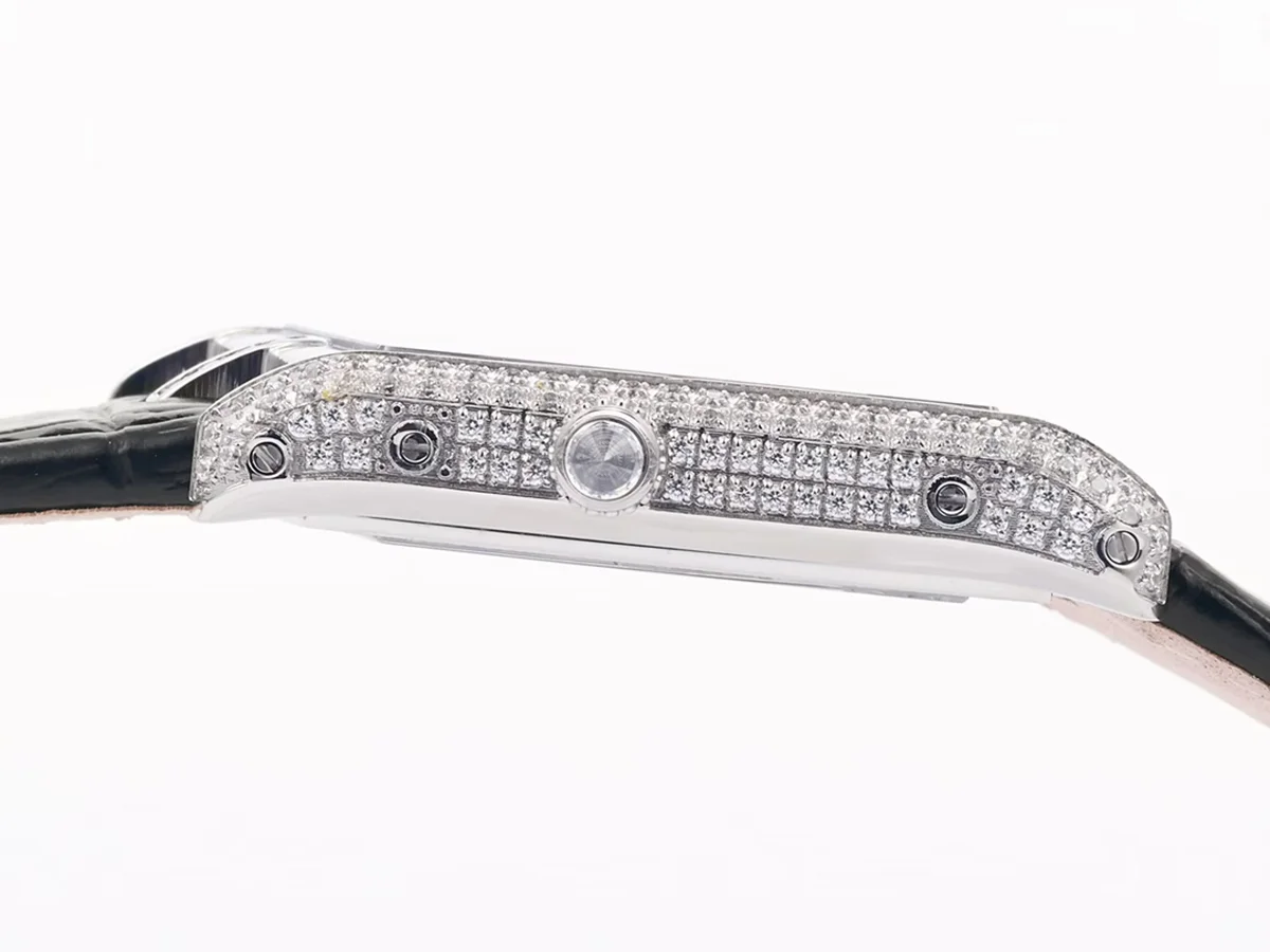 Tank Asymetrique Watch with Diamond Bezel on Steel in Black Leather Strap