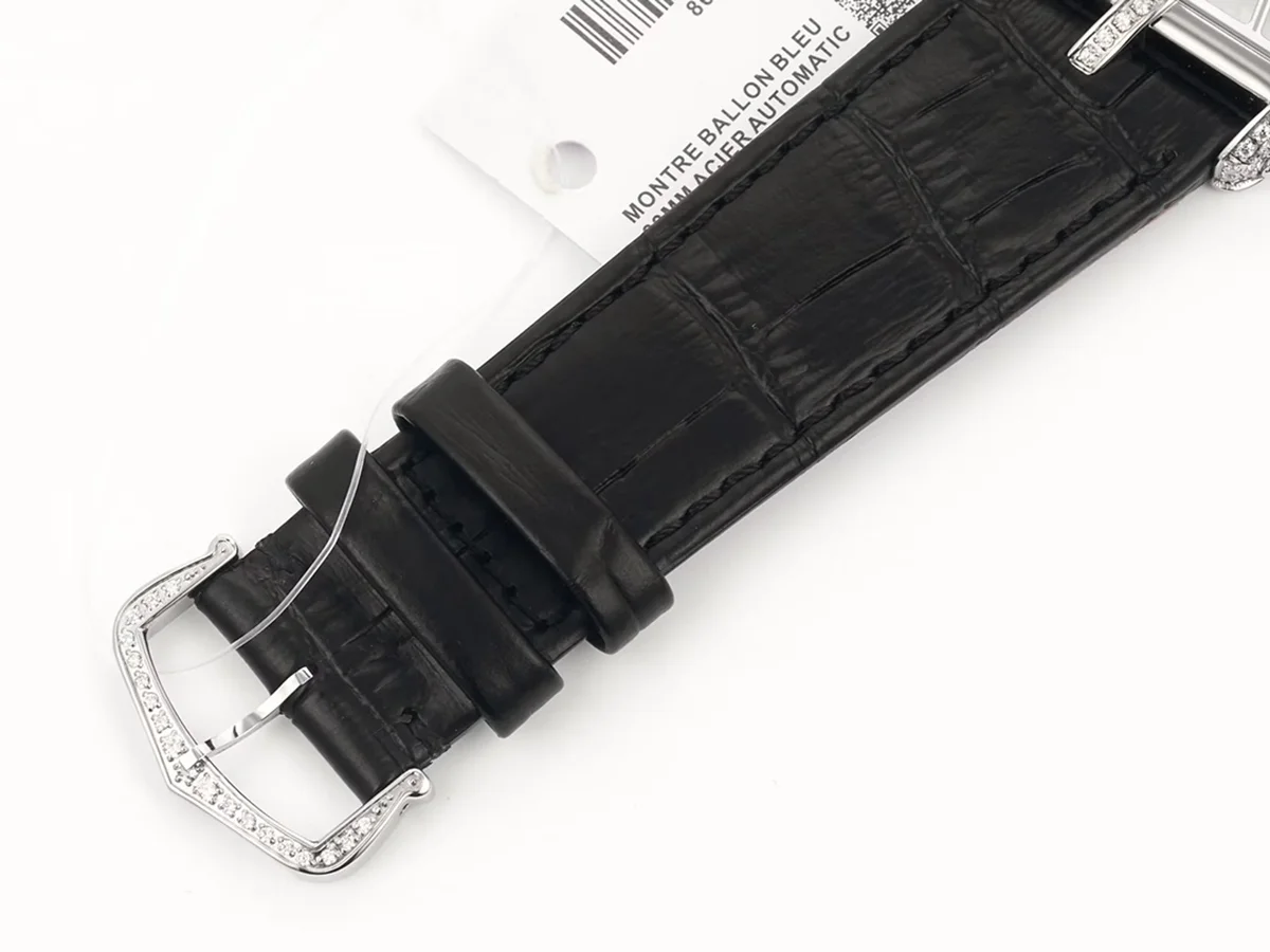 Tank Asymetrique Watch with Diamond Bezel on Steel in Black Leather Strap