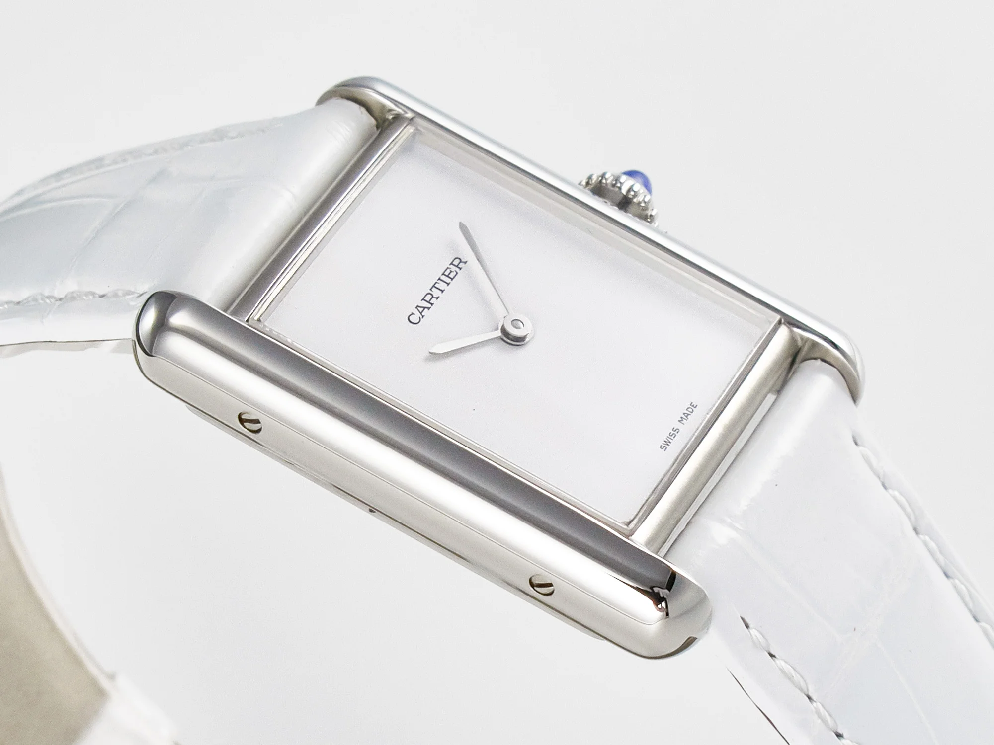 Tank Must Large SS 33.7mm DRF 1:1 Best Edition White Dial on White Leather Strap Swiss Quartz