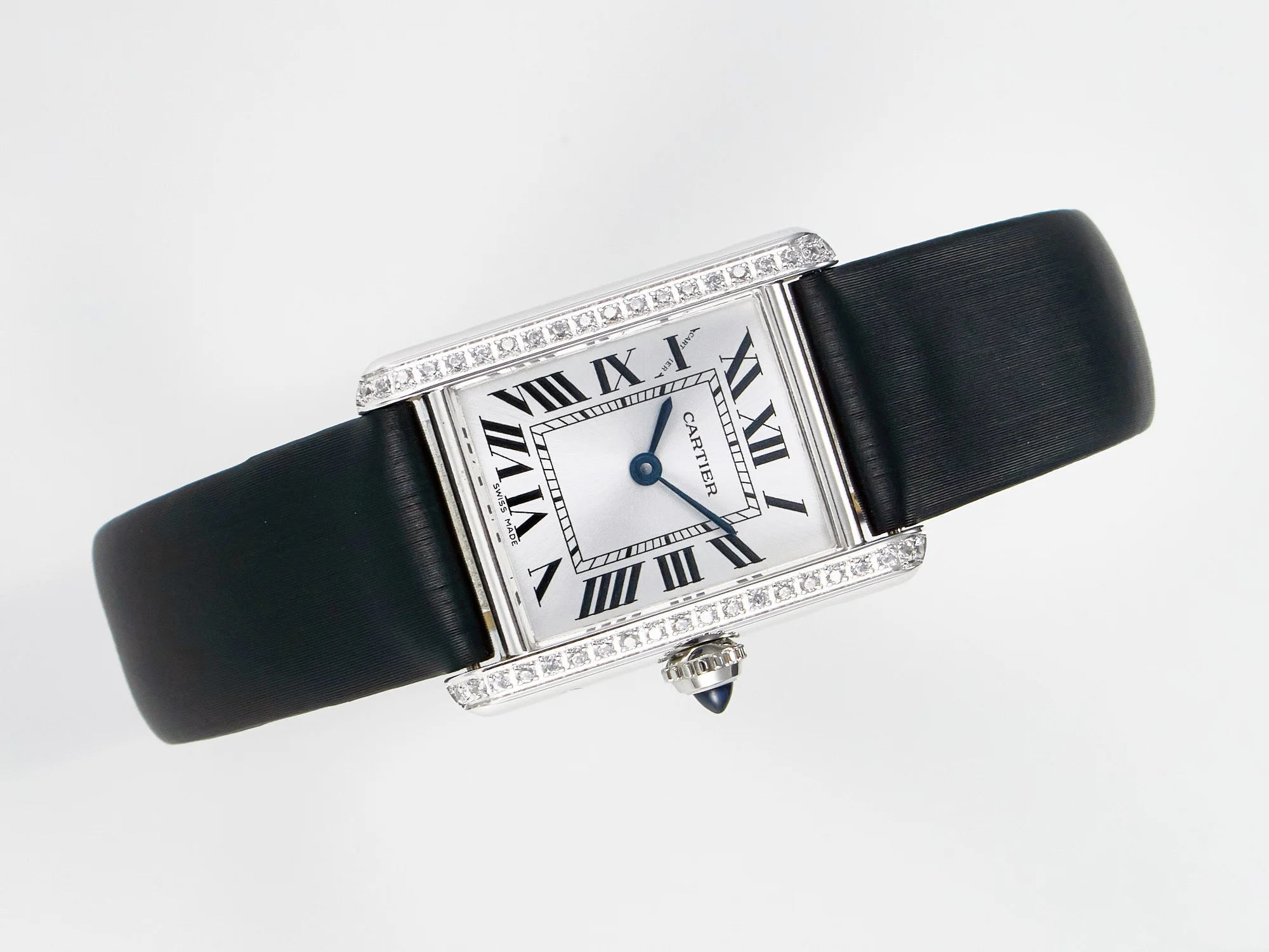 Tank Must Small SS 29mm DRF 1:1 Best Edition White Dial Diamonds Bezel on Black Calfskin Strap Swiss Quartz