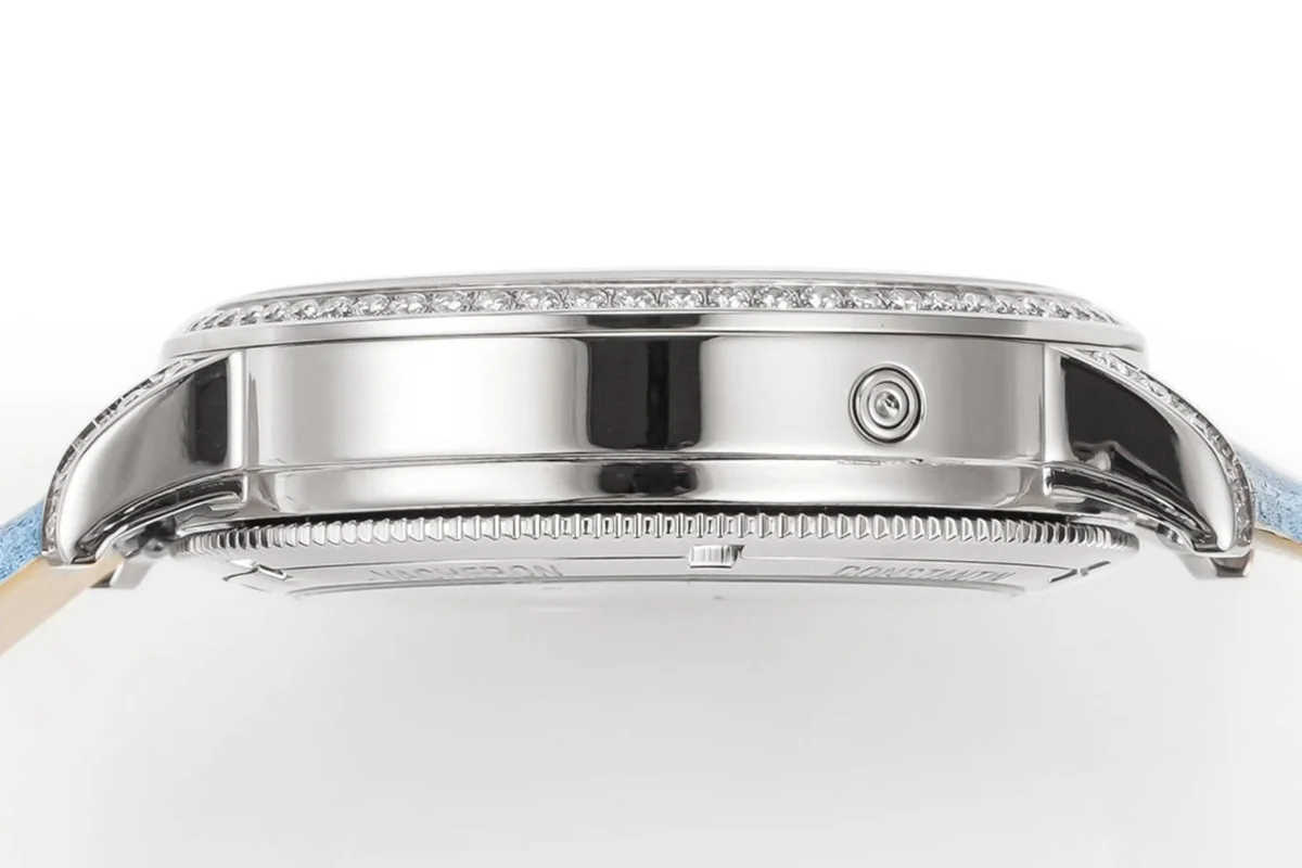 Traditionelle Moon Phase Blue MOP Dial with Diamond Bezel in White Gold on Blue Leather Strap