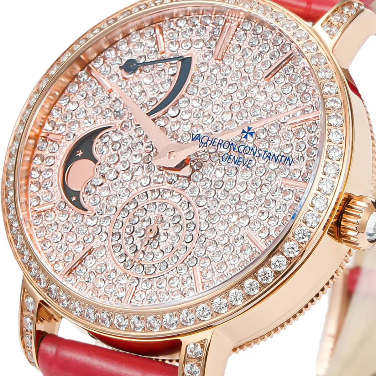 Traditionelle Moon Phase Diamond Paved Dial in Pink Gold
