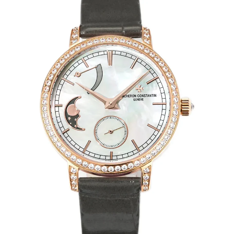 Traditionelle Moon Phase MOP Dial with Diamond Bezel in Pink Gold on Black Leather Strap
