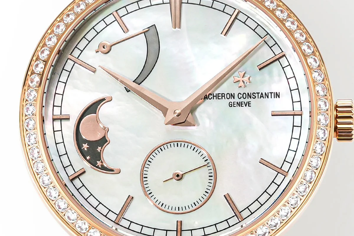 Traditionelle Moon Phase MOP Dial with Diamond Bezel in Pink Gold on Black Leather Strap