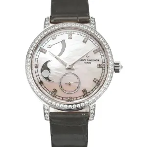 Traditionelle Moon Phase MOP Dial with Diamond Bezel in White Gold on Brown Leather Strap