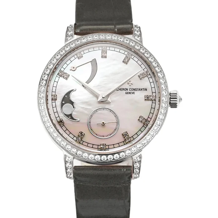 Traditionelle Moon Phase MOP Dial with Diamond Bezel in White Gold on Brown Leather Strap