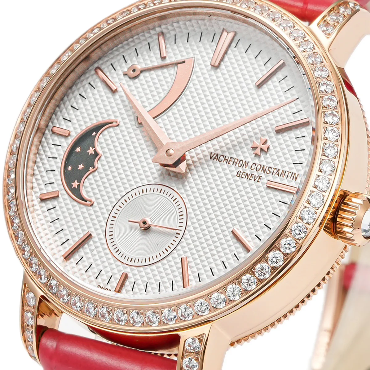 Traditionelle Moon Phase White Dial with Diamond Bezel in Pink Gold on Red Leather Strap