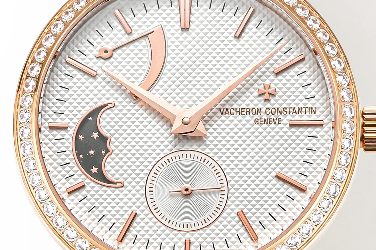 Traditionelle Moon Phase White Dial with Diamond Bezel in Pink Gold on Red Leather Strap
