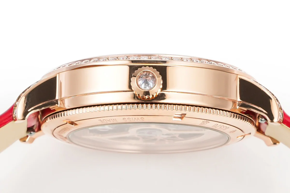 Traditionelle Moon Phase White Dial with Diamond Bezel in Pink Gold on Red Leather Strap