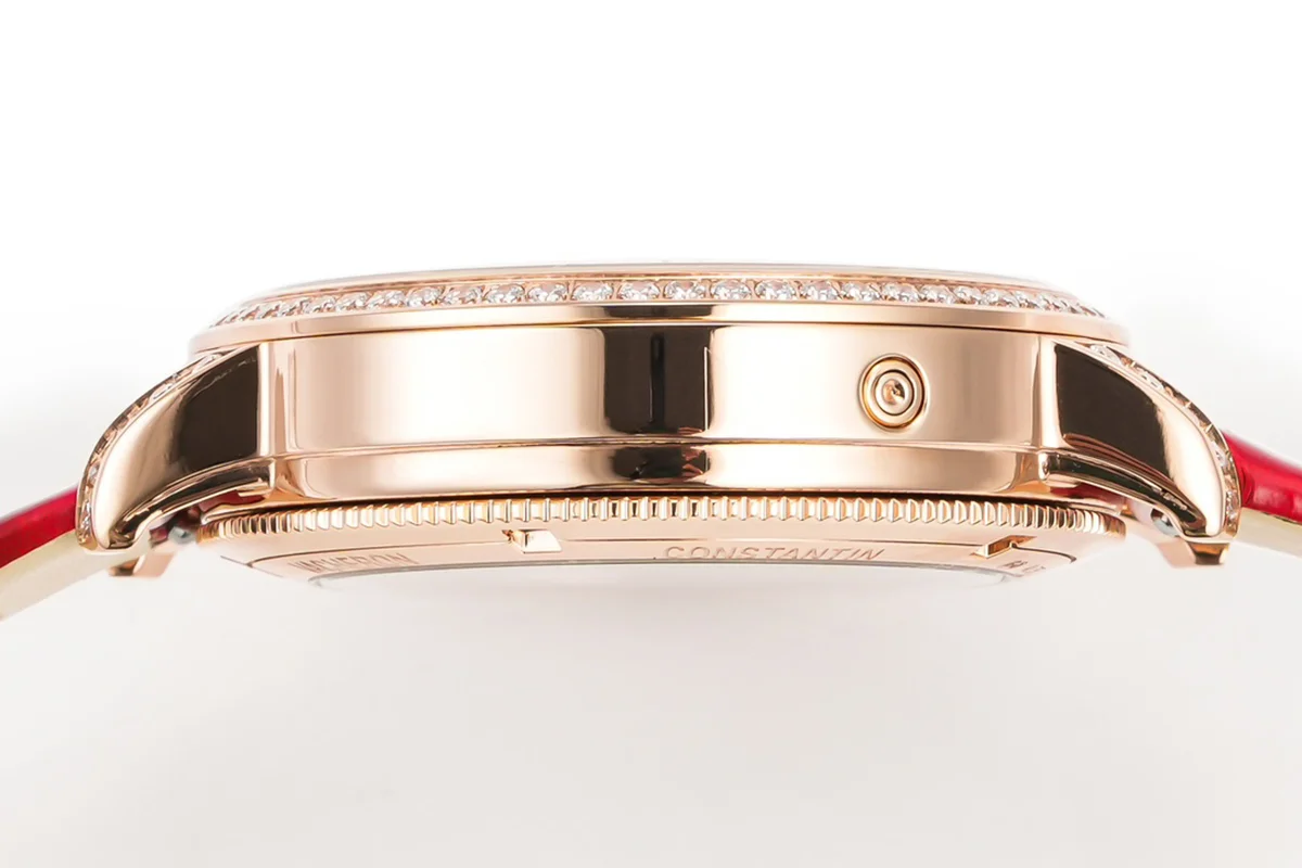 Traditionelle Moon Phase White Dial with Diamond Bezel in Pink Gold on Red Leather Strap