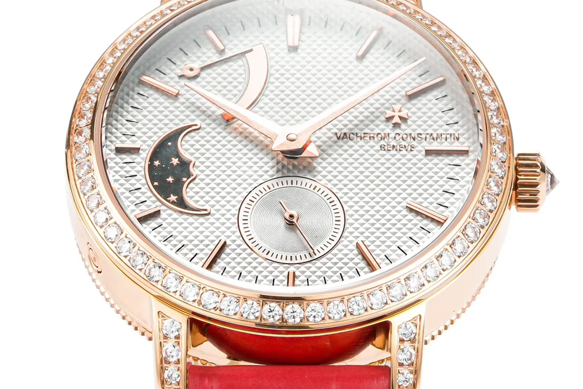 Traditionelle Moon Phase White Dial with Diamond Bezel in Pink Gold on Red Leather Strap