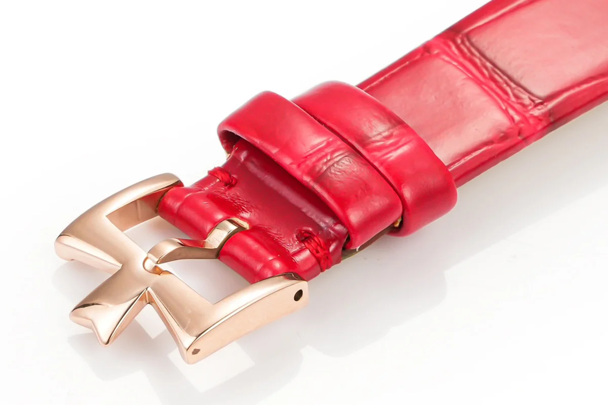 Traditionelle Moon Phase White Dial with Diamond Bezel in Pink Gold on Red Leather Strap