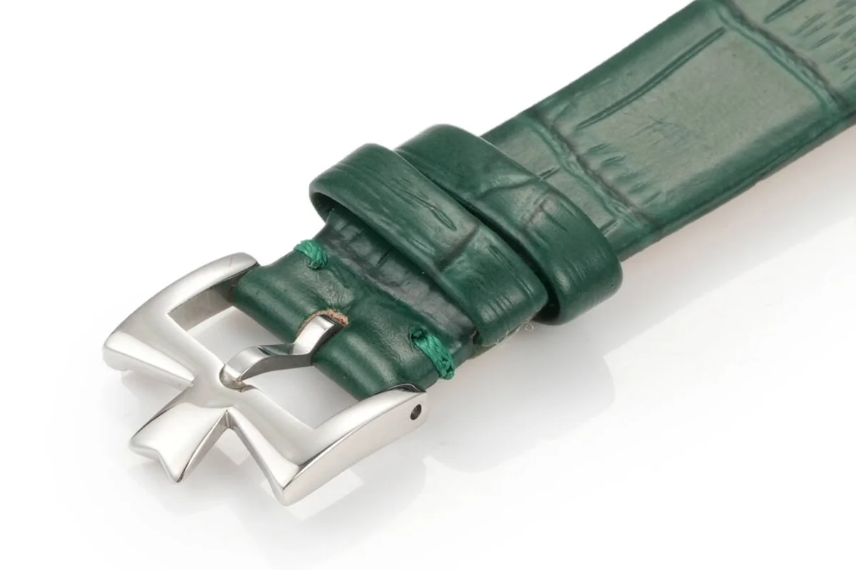 Traditionelle Moon Phase White Dial with Diamond Bezel in White Gold on Green Leather Strap