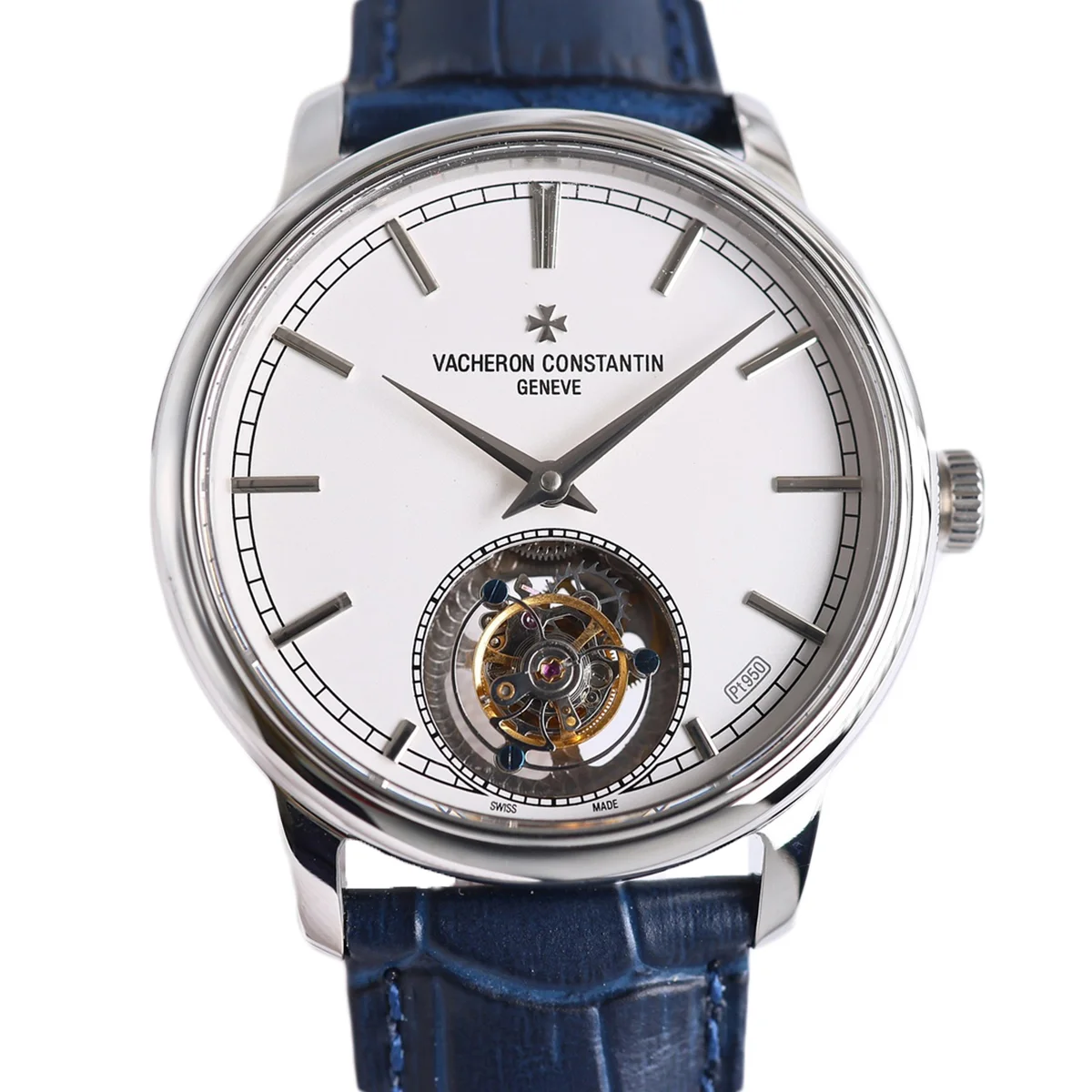 Traditionelle Tourbillon in Steel on Blue Leather Strap