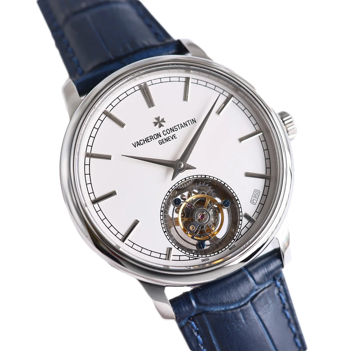 Traditionelle Tourbillon in Steel on Blue Leather Strap