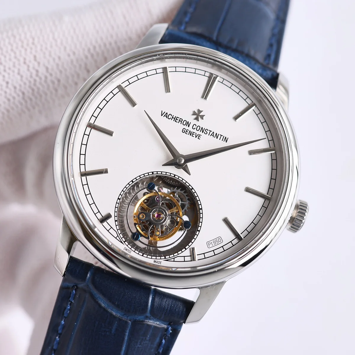 Traditionelle Tourbillon in Steel on Blue Leather Strap