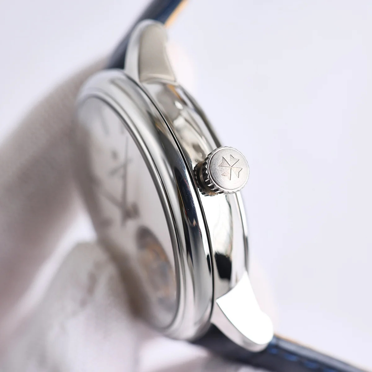 Traditionelle Tourbillon in Steel on Blue Leather Strap