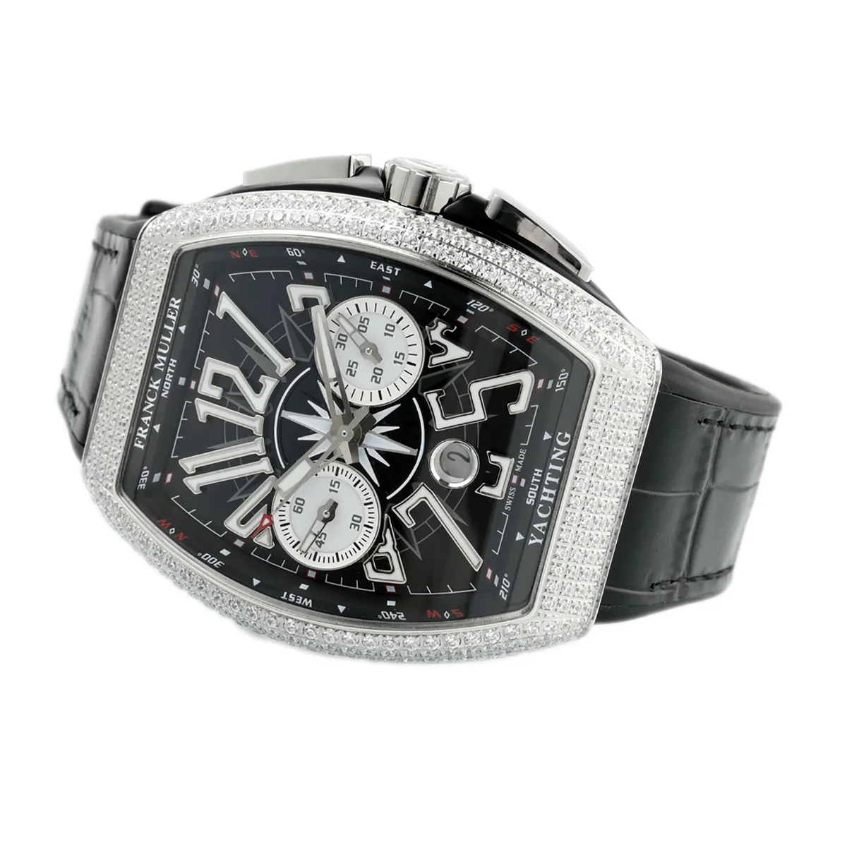 Vanguard V45 Chronograph Black/White Dial with White Marker and Diamond Bezel in Steel on Leather Strap