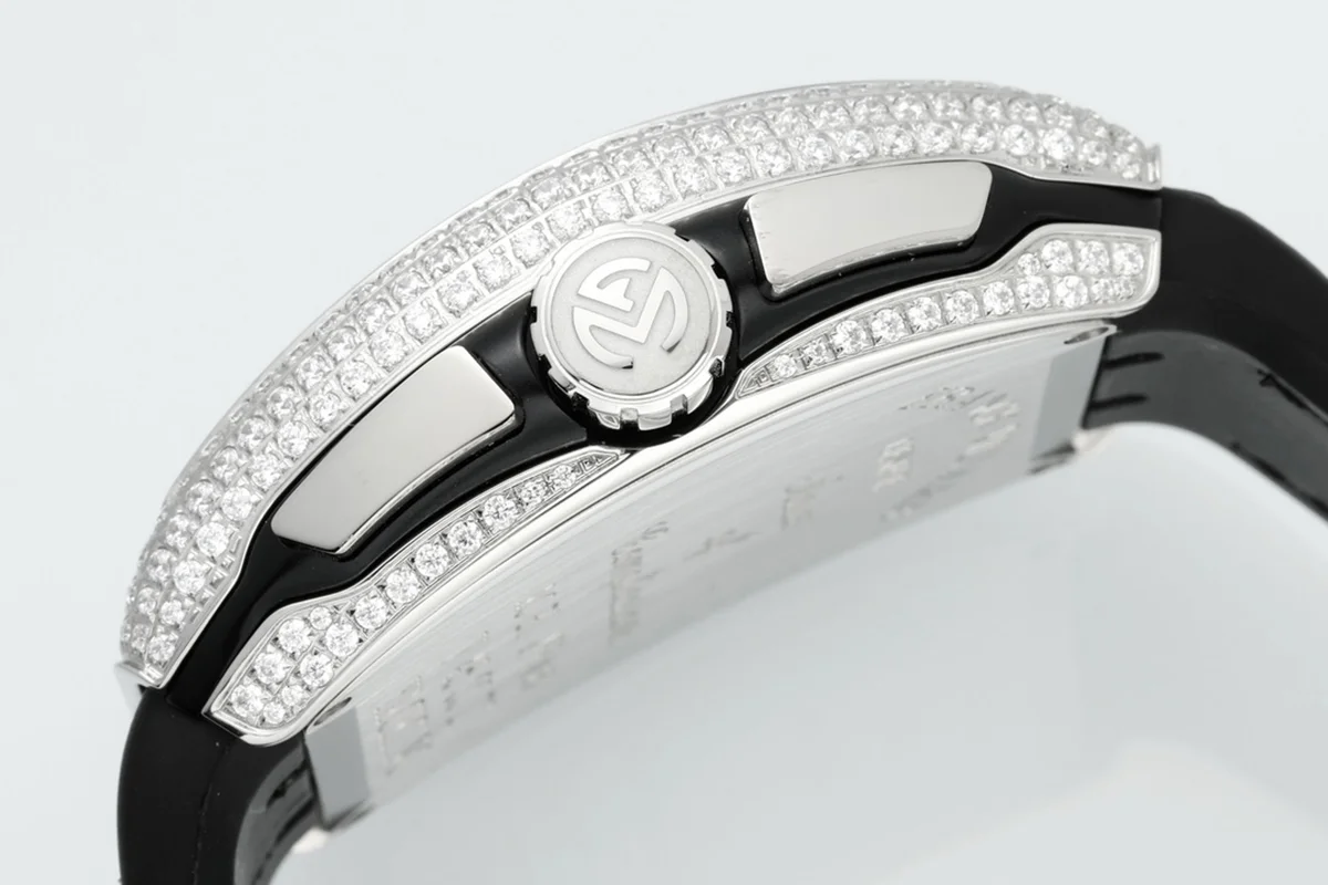 Vanguard V45 Chronograph Black/White Dial with White Marker and Diamond Bezel in Steel on Leather Strap