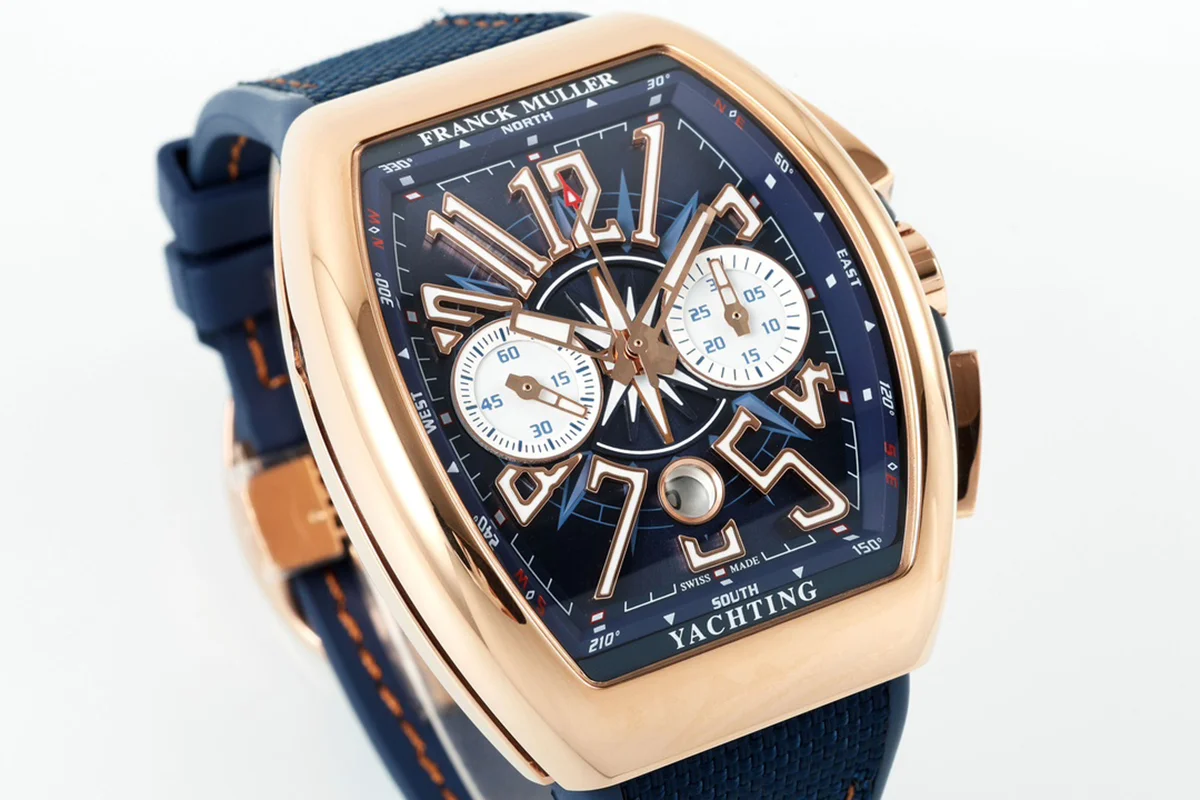 Vanguard V45 Chronograph Blue/White Dial with White Marker in Rose Gold on Leather Strap