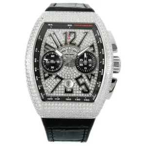 Vanguard V45 Chronograph Diamond/Black Dial with Diamond Marker and Diamond Bezel in Steel on Leather Strap