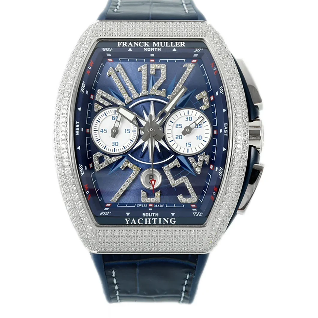 Vanguard V45 Chronograph Diamond/Blue Dial with Diamond Marker and Diamond Bezel in Steel on Leather Strap