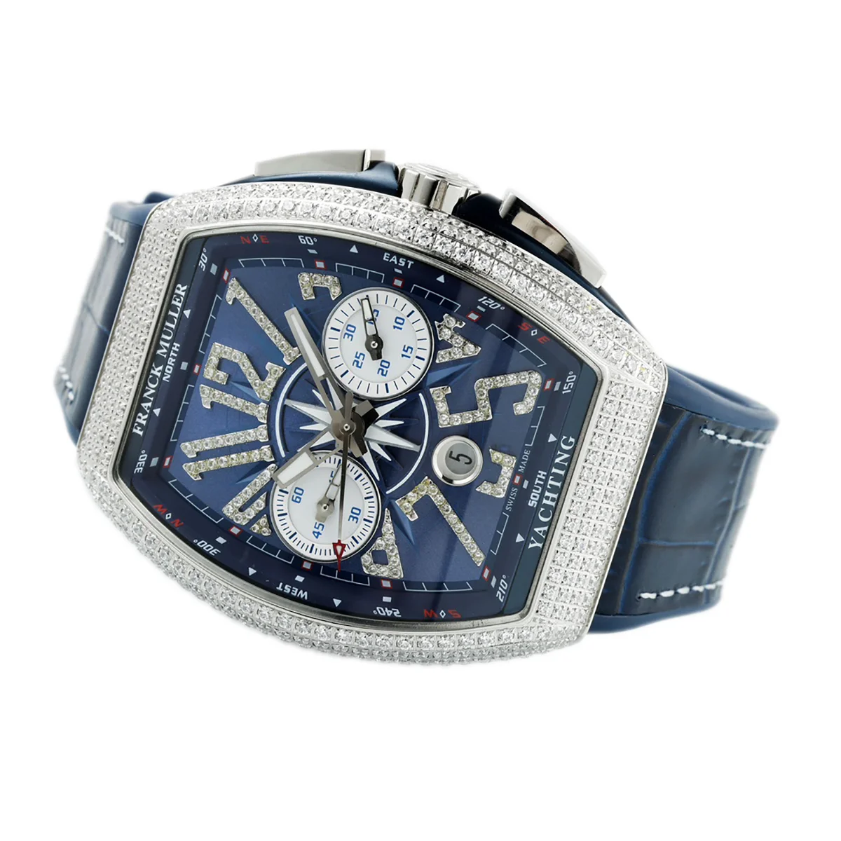 Vanguard V45 Chronograph Diamond/Blue Dial with Diamond Marker and Diamond Bezel in Steel on Leather Strap