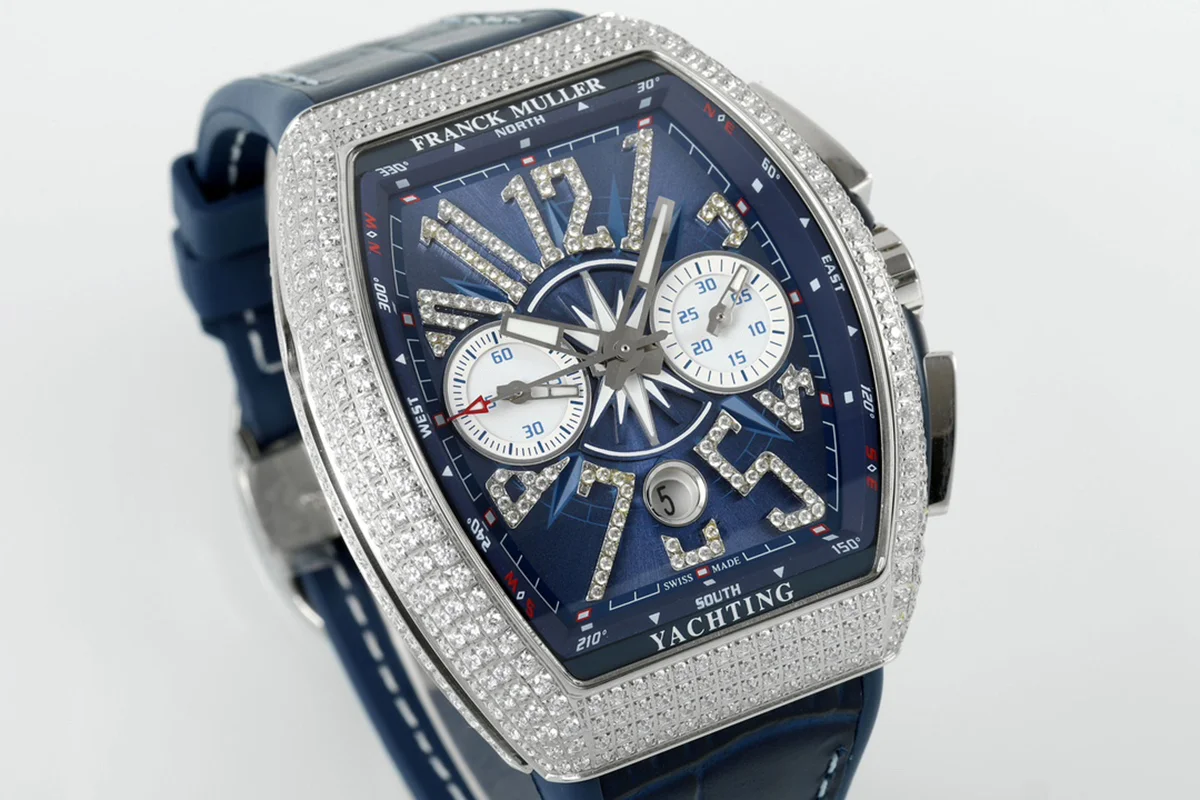 Vanguard V45 Chronograph Diamond/Blue Dial with Diamond Marker and Diamond Bezel in Steel on Leather Strap